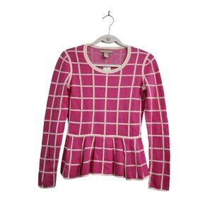 Banana Republic Sweater XS Pink Barbiecore Peplum Windowpane Long‎ Sleeve NWT